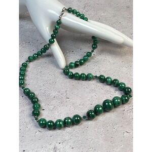 VTG 21 inch LONG Green Malachite Gemstone Beaded Necklace Gold Filled Clasp 85 g